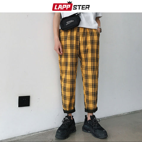 LAPPSTER Streetwear Yellow Plaid Pants Men Joggers 2019 Man Casual Straight Harem Pants Men Korean Hip Hop Track Pants Plus Size