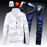 Spring Autumn Mens Slim Fit Denim Jacket Pants Long Sleeve Coat Casual 2pcs Set Buttons Front S2