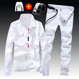 Spring Autumn Mens Slim Fit Denim Jacket Pants Long Sleeve Coat Casual 2pcs Set Buttons Front S2